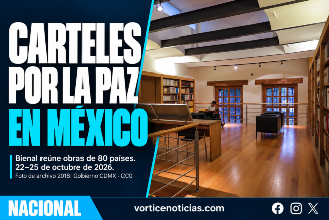 Carteles por la paz en México: Bienal del 22 al 25 de octubre de 2026. Fotografía de archivo de la Biblioteca de México de 2018.