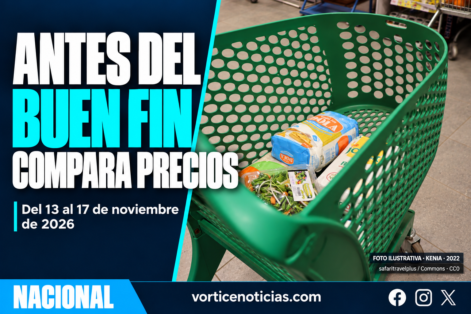 Portada Vórtice: antes de El Buen Fin compara precios; fotografía ilustrativa de un carrito de compras en Kenia, 2022