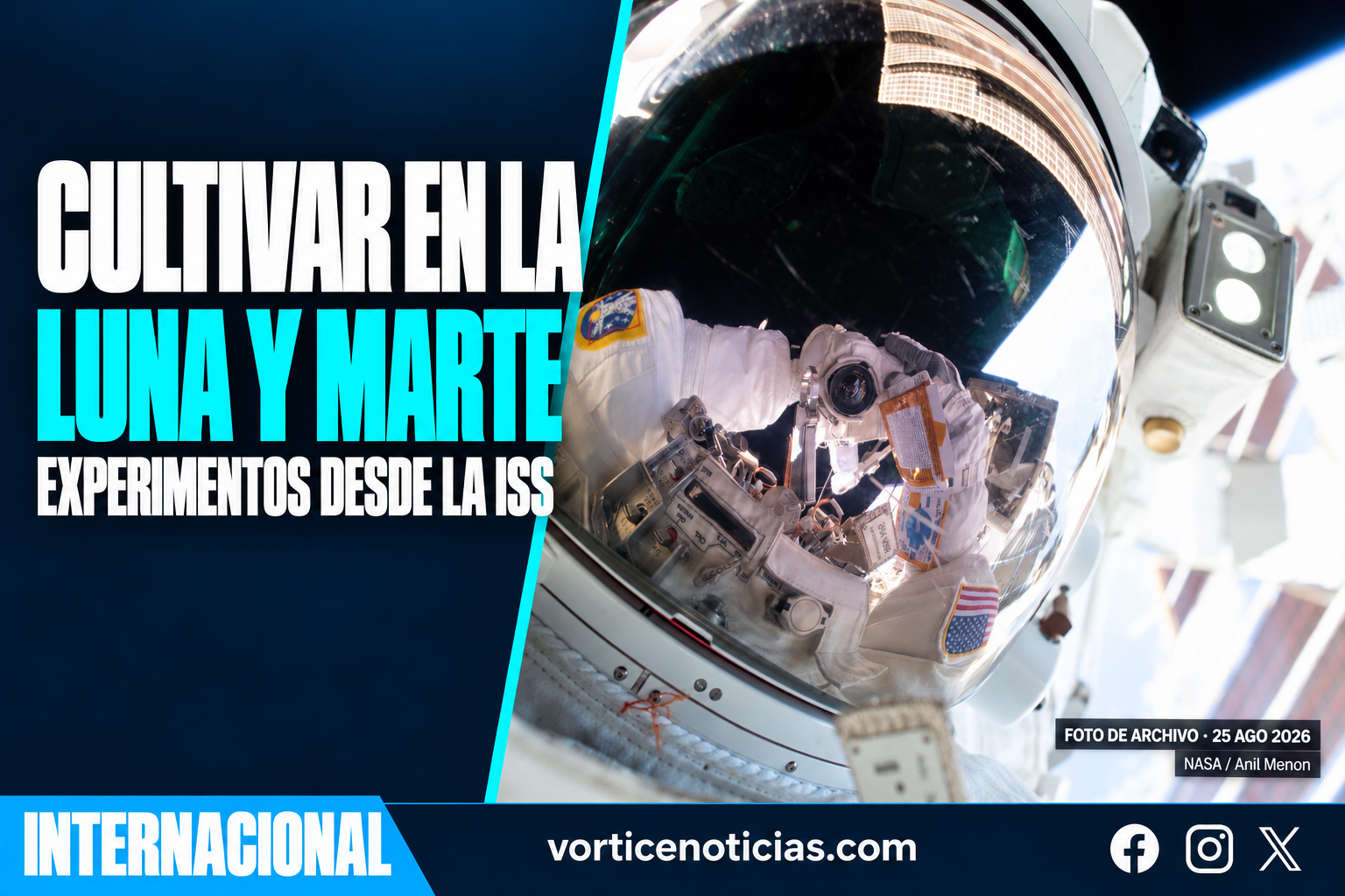 Cultivar en la Luna y Marte: experimentos desde la ISS. Portada con fotografía real de archivo de NASA.