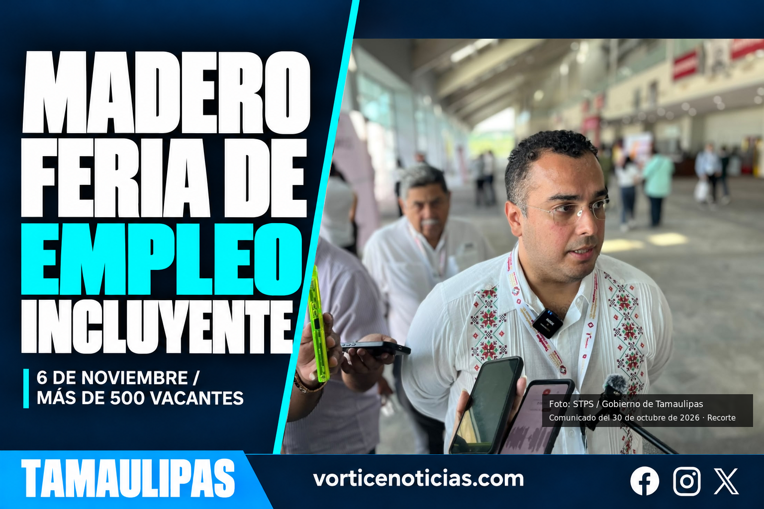 Madero anuncia feria de empleo incluyente para el 6 de noviembre, con más de 500 vacantes previstas. Fotografía real del comunicado del 30 de octubre.