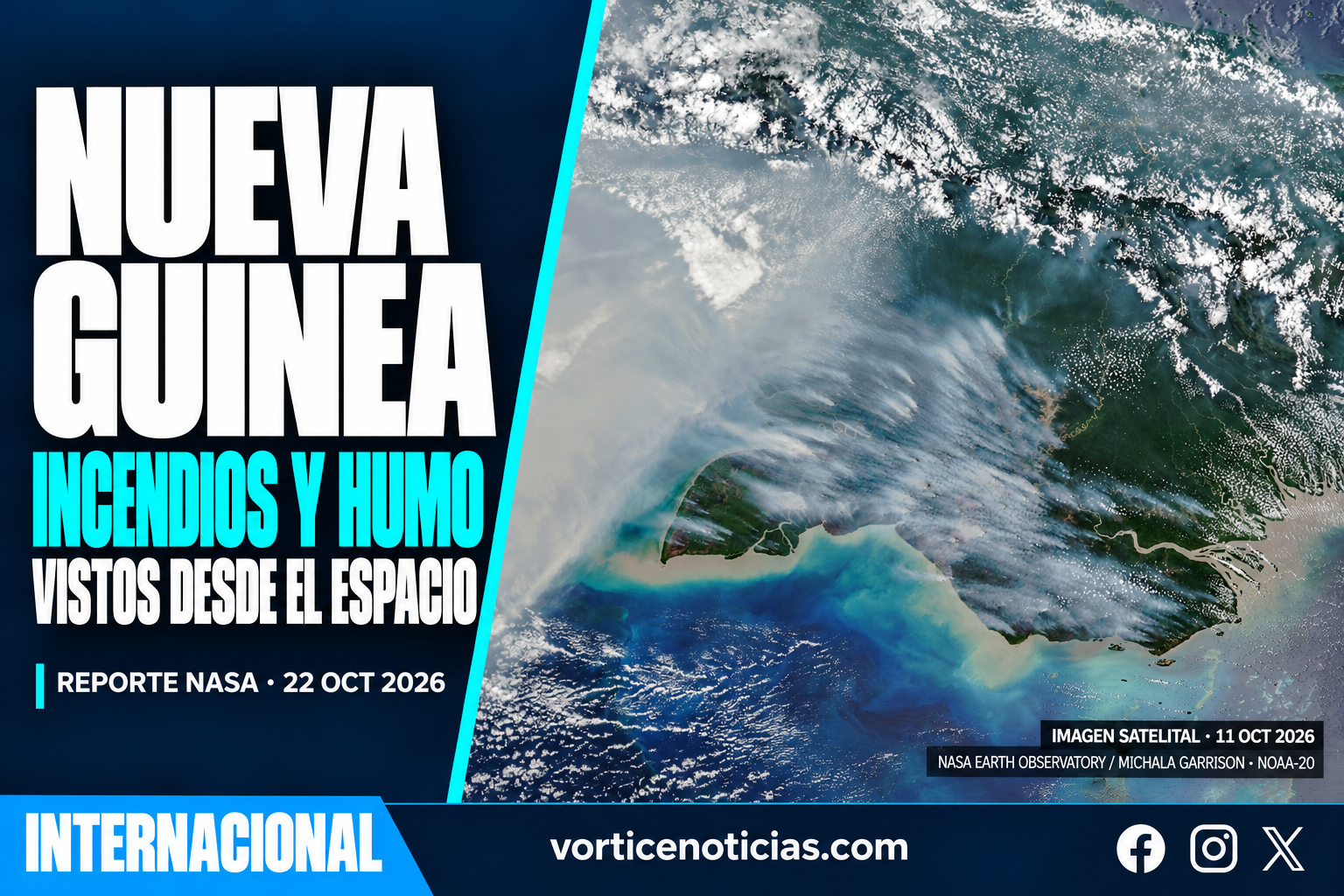 Portada Vórtice sobre el humo de incendios en Nueva Guinea, con imagen satelital del 11 de octubre de 2026