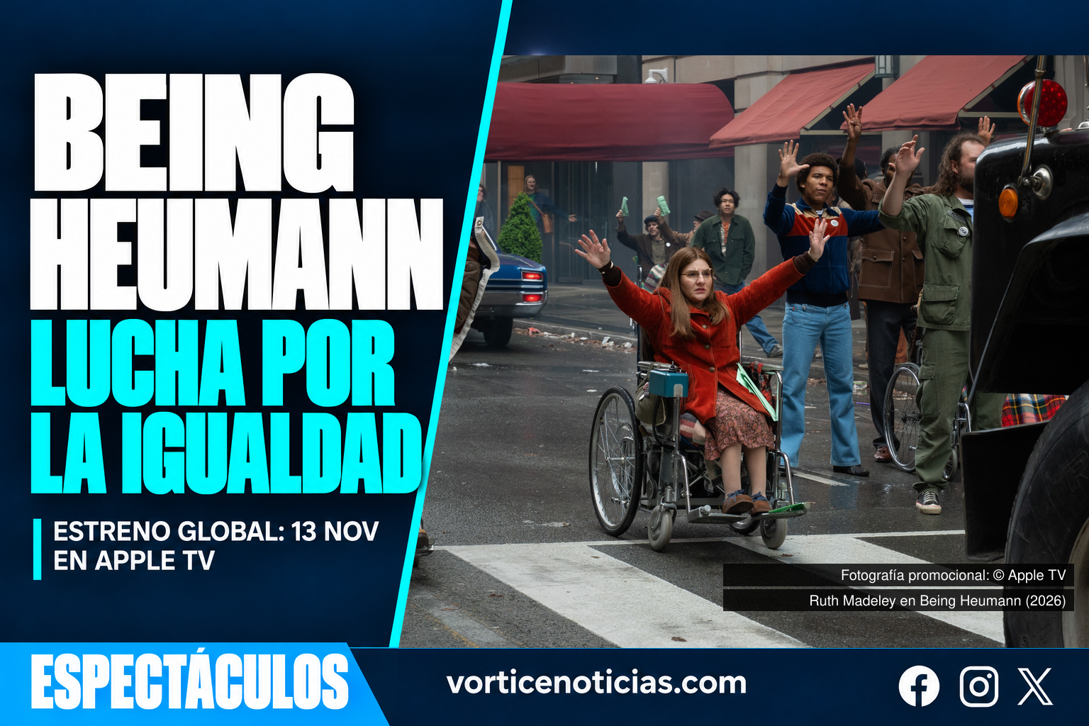 Portada Vórtice de Being Heumann con fotografía promocional real de Ruth Madeley