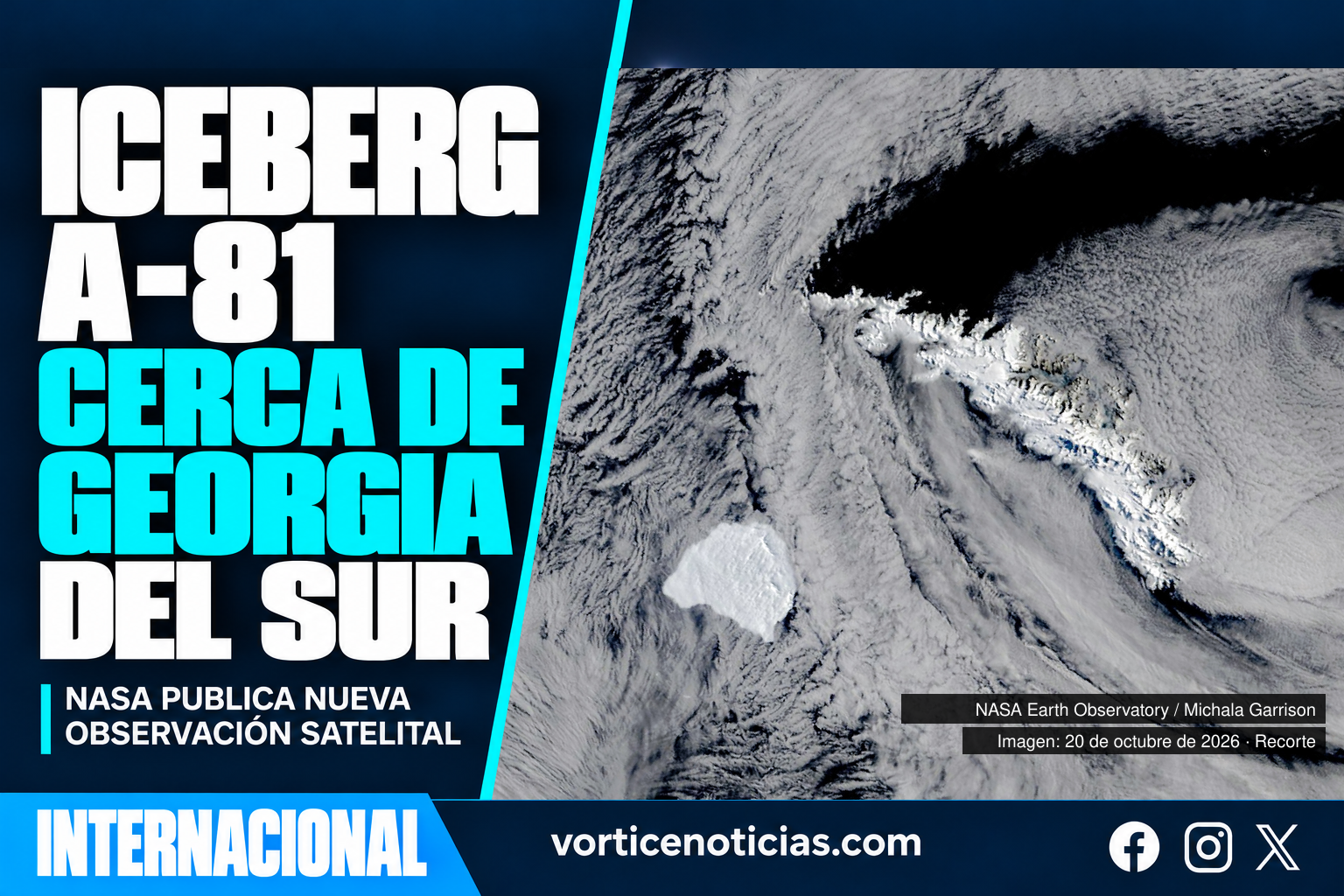 Iceberg A-81 cerca de Georgia del Sur en imagen satelital del 20 de octubre de 2026