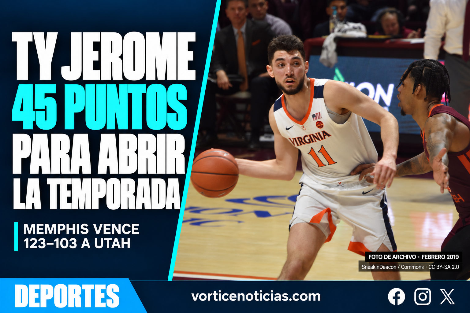 Ty Jerome suma 45 puntos en el triunfo de Memphis; foto de archivo de febrero de 2019