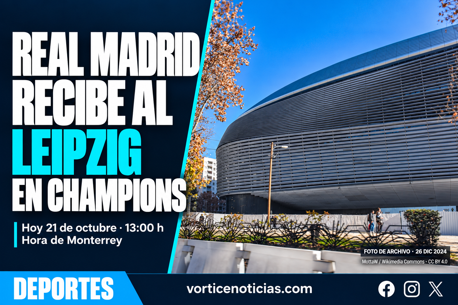 Real Madrid recibe al Leipzig en Champions este 21 de octubre a las 13:00, hora de Monterrey; fotografía de archivo del Bernabéu