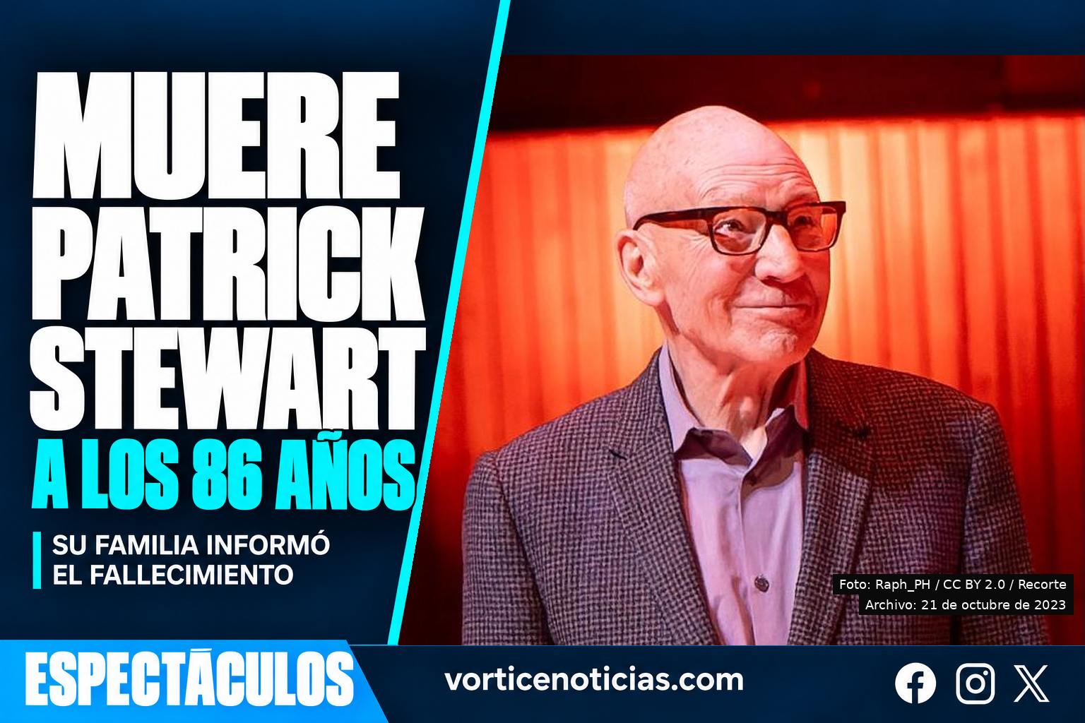 Patrick Stewart en una fotografía de archivo del 21 de octubre de 2023. Portada Vórtice sobre el anuncio de su fallecimiento.