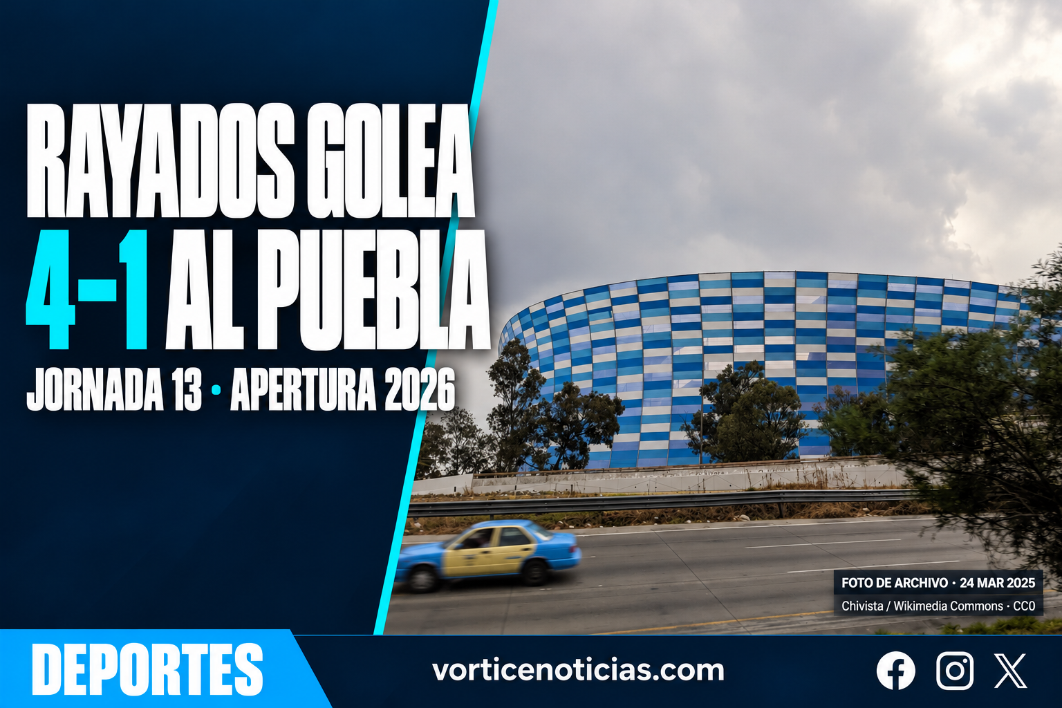 RAYADOS GOLEA 4–1 AL PUEBLA. Portada con fotografía de archivo del Estadio Cuauhtémoc, del 24 de marzo de 2025.