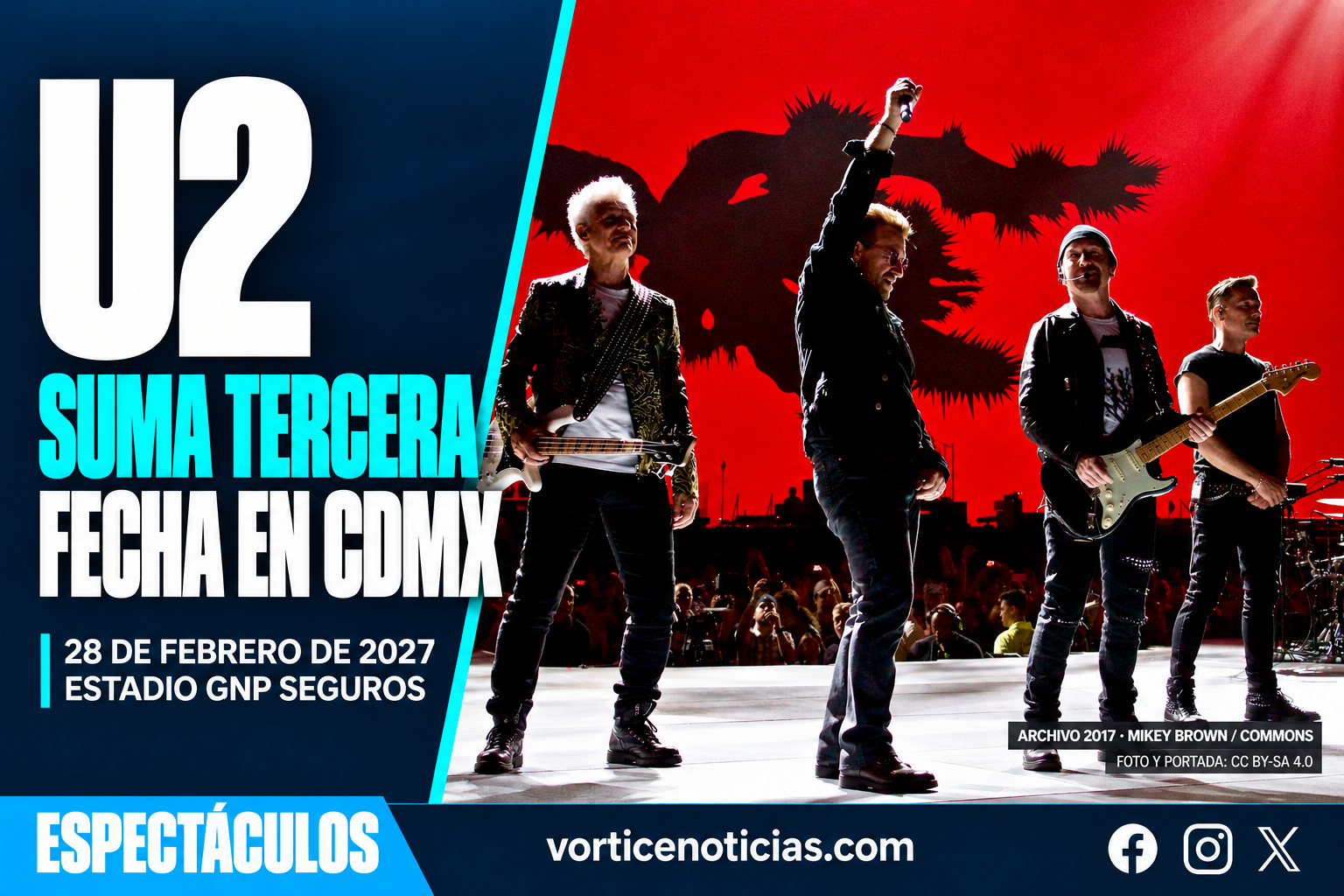 U2 suma tercera fecha en CDMX para el 28 de febrero de 2027; fotografía de archivo de 2017