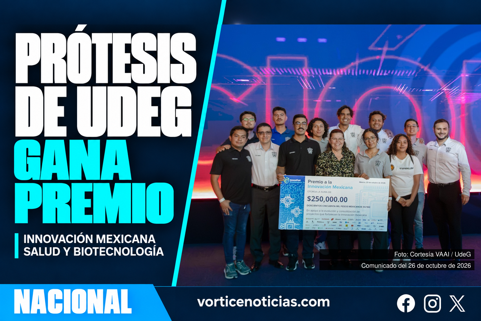 Prótesis de UdeG gana premio. Fotografía del reconocimiento difundida por la UdeG.